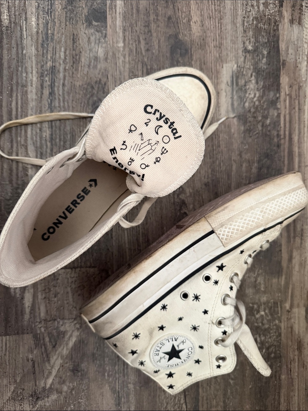 Converse Women's High Top Sneakers in Cream with Black Star Print